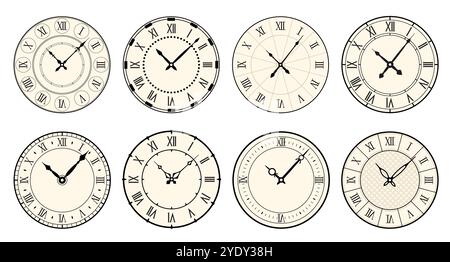 Vintage watch faces. Retro clocks with carved graceful hour and minute arrows. Timer with Roman numerals. Antique elegant design. Round old dials. Mec Stock Vector