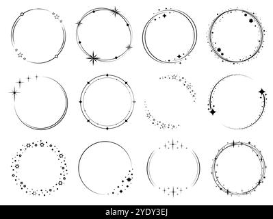 Round frames with glow effect. Stardust sparks silhouettes. Shiny stars circles. Invitations and postcards decorative elements. Magic sparkles. Starry Stock Vector