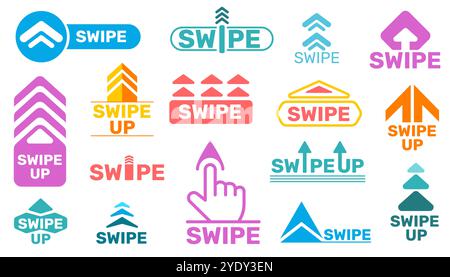 Swipe up buttons design. Social media icons. Quick click on links. Move story action pictograms. UI arrow. Digital slide. Mobile application. Scrollin Stock Vector