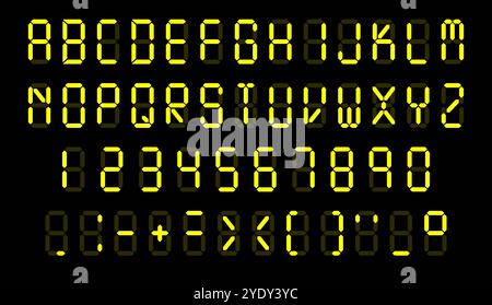 Digital fluorescent font. Display letters, numbers and punctuation marks. Electronic glowing alphabet. Calculator or tablo screen. Uppercase text symb Stock Vector