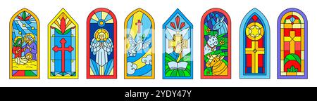 Cathedral stained glasses. Biblical stories from colored mosaics. Christian religious church windows. Gothic frames. Christianity architecture. Arch w Stock Vector
