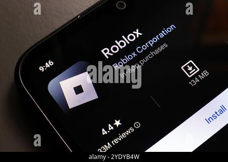 October 29, 2024, Portugal. In this photo illustration, the Roblox app logo is displayed on a smartphone screen Stock Photo