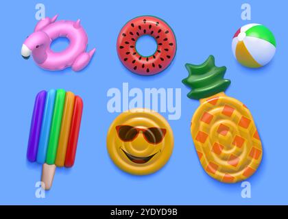 3D pool elements. Rubber swimming rings. Summer beach. Swim float tube. Inflatable ball and sea water fruit. Render toy flamingo top view. Fruit lifebuoy. Holiday vacation. Vector inflated buoys set Stock Vector