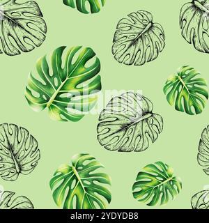 Watercolor seamless pattern with realistic and linear tropical illustration of monstera isolated on background. Beautiful botanical hand painted logo Stock Photo