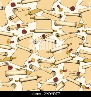 Old book. Paper scrolls seamless pattern. Ancient papyrus. Parchment with wax seal. Repeated print. Medieval manuscript. Historical contract. Antique curled sheets. Scripture pages. Vector background Stock Vector