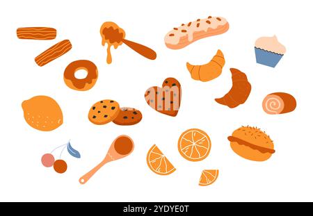 Sweet pastry. Desserts for tea drinking. Eclair and croissant. Delicious chocolate biscuits. Honey cupcake. Baked confectionery. Donut icing. Macaron cookie. Yummy treat pie. Vector sugar food set Stock Vector