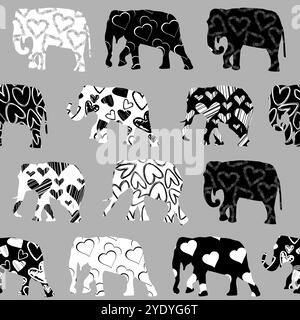 Composition in black and white with elephants with heart shaped prints Stock Vector