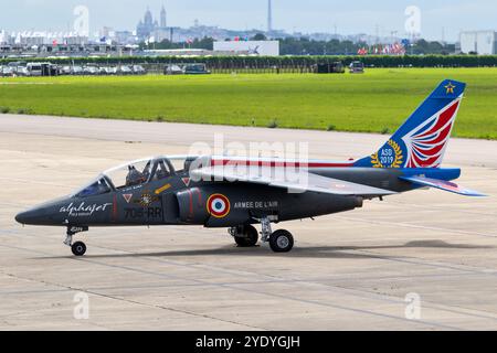 French Air Force Dassault Dornier Alpha Jet aircraft on the tarmac of Le Bourget Airport. Paris, France - Jun 20, 2019 Stock Photo