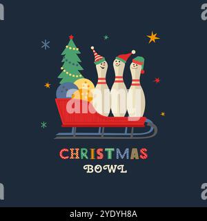 Christmas holiday bowling fancy vector icon. Bowling ball, funny pin, Elf hat minimal design element. Bowl club x-mas holidays invitation poster Stock Vector