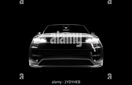 Modern black suv parked with headlights on in the dark 3D Stock Photo