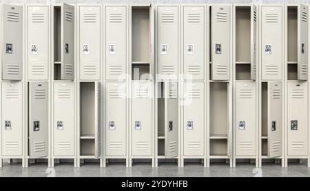 School lockers with combination locks  open and closed doors 3D Stock Photo