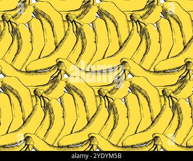 Banana tropical vector seamless pattern. The lively yellow backdrop in graphic dence pattern and intricately drawn bananas create a sense of delightfu Stock Vector