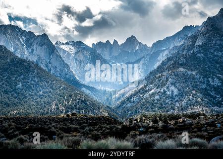 A photo of Mt. Whitney and surrounding peaks, taken on a stormy afternoon. Stock Photo