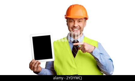 Builder Showing Tablet Pointing Finger At Empty Screen, White Background Stock Photo