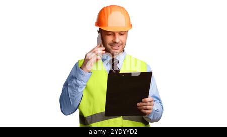 Builder Worker In Hardhat Talking On Cellphone Over White Background Stock Photo