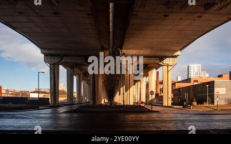 The M8 motorway runs through the city of Glasgow on a concrete flyover. Stock Photo