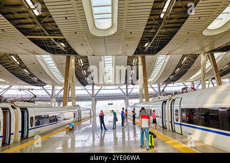 High speed train at the railways station of  Beijing. Stock Photo