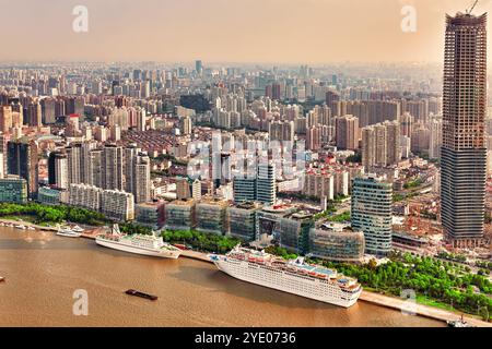 Skyline view from Bund waterfront on Pudong New Area- the business quarter of the Shanghai. Shanghai district in most dynamic city of China. Stock Photo