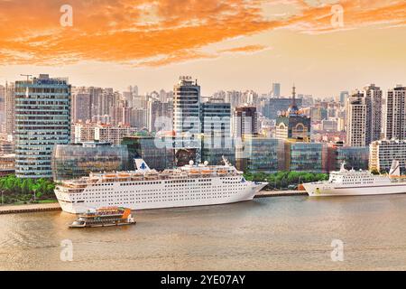 Skyline view from Bund waterfront on Pudong New Area- the business quarter of the Shanghai. Shanghai district in most dynamic city of China. Stock Photo