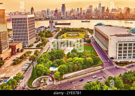 Skyline view from Bund waterfront on Pudong New Area- the business quarter of the Shanghai. Shanghai district in most dynamic city of China. Stock Photo