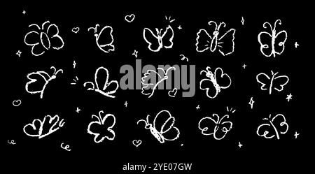 Set of butterflies drawing by pastel or charcoal pencil. Black chalk line butterfly simple element on white chalkboard background. Like children's Stock Vector