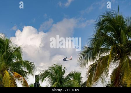 Miami, Florida, USA - 3 December 2023: British Airways Airbus A380 jet arriving in Miami Stock Photo