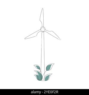 Minimalist line art vector illustration of a wind turbine with leaves at its base. Stock Vector