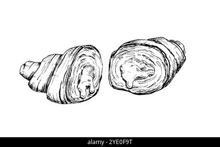 Hand drawn black and white vector illustration of the inner layers and filling of a croissant. Sketch showing the layered, rolled texture of French Stock Vector