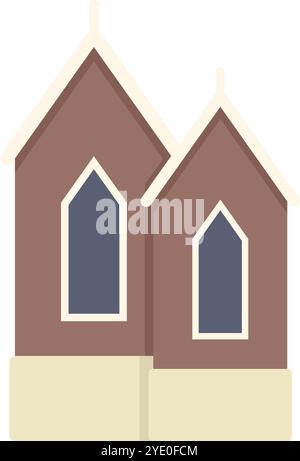 Small brown church building with arched windows, white trim and brown roof standing on beige foundation Stock Vector