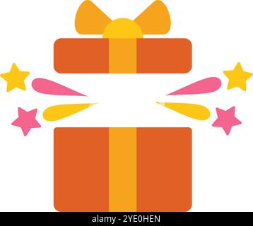 Orange gift box is opening with confetti and stars exploding out of it Stock Vector