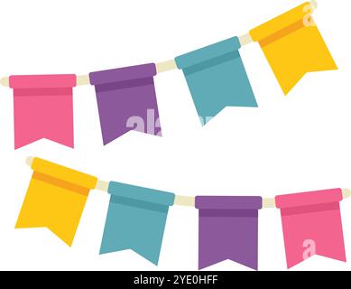 Two strings of bunting flags are hanging on a white background ...