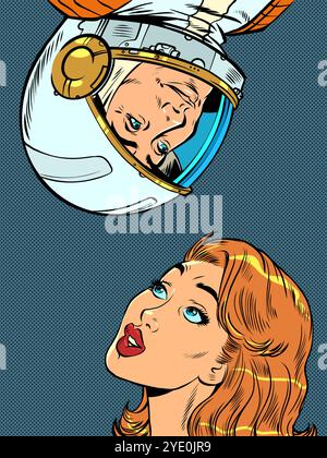 Communication between space and earth. The astronaut is on top, and the woman is looking at him. Connections without limits. Stock Vector
