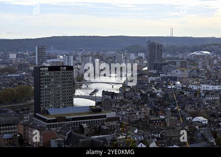 Liege, Belgium. 28th Oct, 2024. This picture shows a view on the Meuse river in the city of Liege on Monday 28 October 2024. BELGA PHOTO ERIC LALMAND Credit: Belga News Agency/Alamy Live News Stock Photo