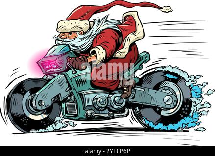 Fast delivery of gifts for New Year and Christmas. Santa Claus rides a cyber motorcycle. Hurry up for discounts and special offers. Stock Vector