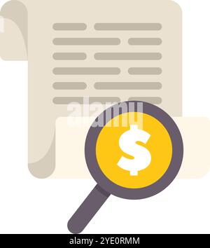 Magnifying glass is hovering over a document searching for a dollar sign in this image about financial investigation Stock Vector