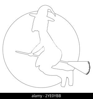 A Halloween-themed coloring page featuring a witch flying on a broomstick in front of a full moon. Great for kids and adults to color and enjoy. Stock Vector