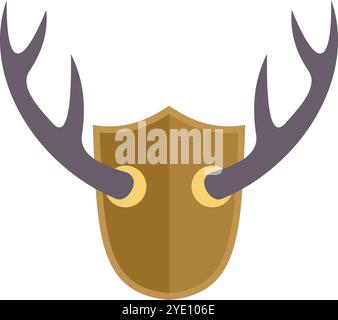 Hunting trophy icon in flat style depicting deer antlers attached to a wooden shield Stock Vector