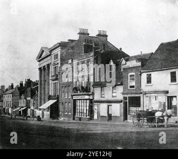 London Street, Reading, a photo from around 1845 by William Fox Talbot. Talbot's most important invention was the calotype, which was very much the first ever negative in which the latent image was revealed by chemical treatment. From the calotype, unlimited copies could be made by contact printing. Stock Photo