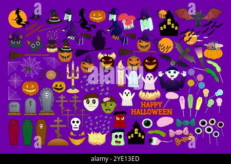 Colorful Halloween vector set featuring witches, pumpkins, ghosts, bats, gravestones, candies, and more. Perfect for festive designs and decor. Stock Vector