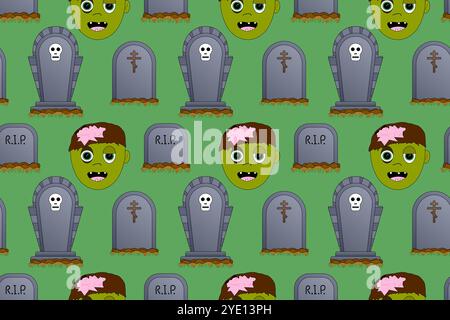 Cartoon seamless pattern featuring zombie faces and tombstones on a green background. Perfect for Halloween-themed designs and decorations. Stock Vector