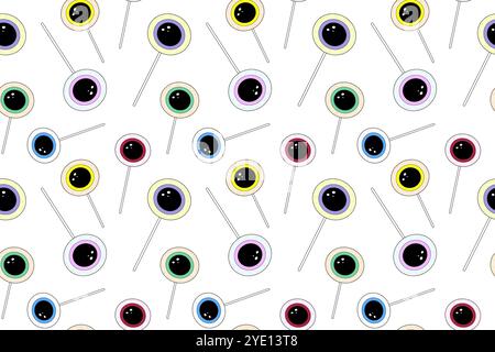 Seamless Halloween pattern with colorful eyeball lollipops on a white background. Perfect for spooky, festive, and creepy designs. Stock Vector