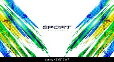 Abstract Grunge Brush Background with Blue, Green and Yellow Gradient Colors and Halftone Effect. Sports Background with Dots Pop Art Style Stock Vector
