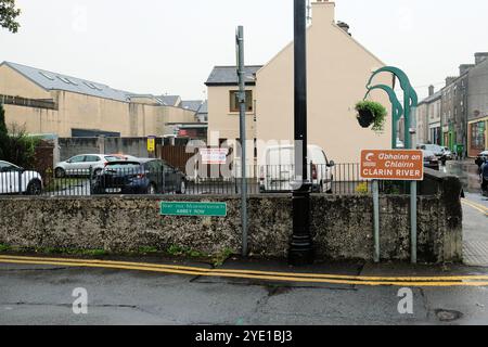Sign for the River Clarin on Abbey Row in Athenry, County Galway, Ireland; also known as River Clareen, it flows through the southern part of Galway. Stock Photo