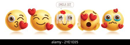 Emoji in love emoticon characters vector set. Emojis 3d yellow characters with love, heart, lovely, kiss, happy and broken graphic elements collection Stock Vector