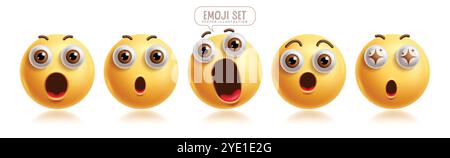 Emoji shocked 3d emoticon characters vector set. Emoticon character in surprise, amazed, wow, wonder, open mouth, fascinating and excited facial Stock Vector