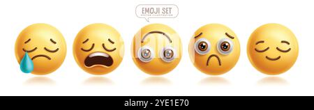 Emoji sad emoticons characters vector set. Emojis emotions facial expression in upset, depressed, lonely, unhappy, confused and disappointed 3d Stock Vector