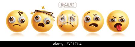 Emoji dismayed 3d emoticon characters vector set. Emoticons character collection in disappointed, sad, lonely, horrify, anxious and upset facial Stock Vector