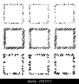 Abstract square frames. Nine rough edges square designs. Geometric frame concept. Hand-drawn vector shapes. Stock Vector