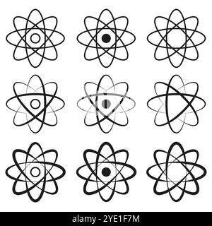 Atom icon set. Scientific atomic shapes. Vector molecular symbols. Black energy elements. Stock Vector