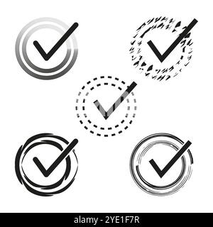 Set of checkmarks in circles, created in various styles. Icons for marking tasks or design use. Stock Vector